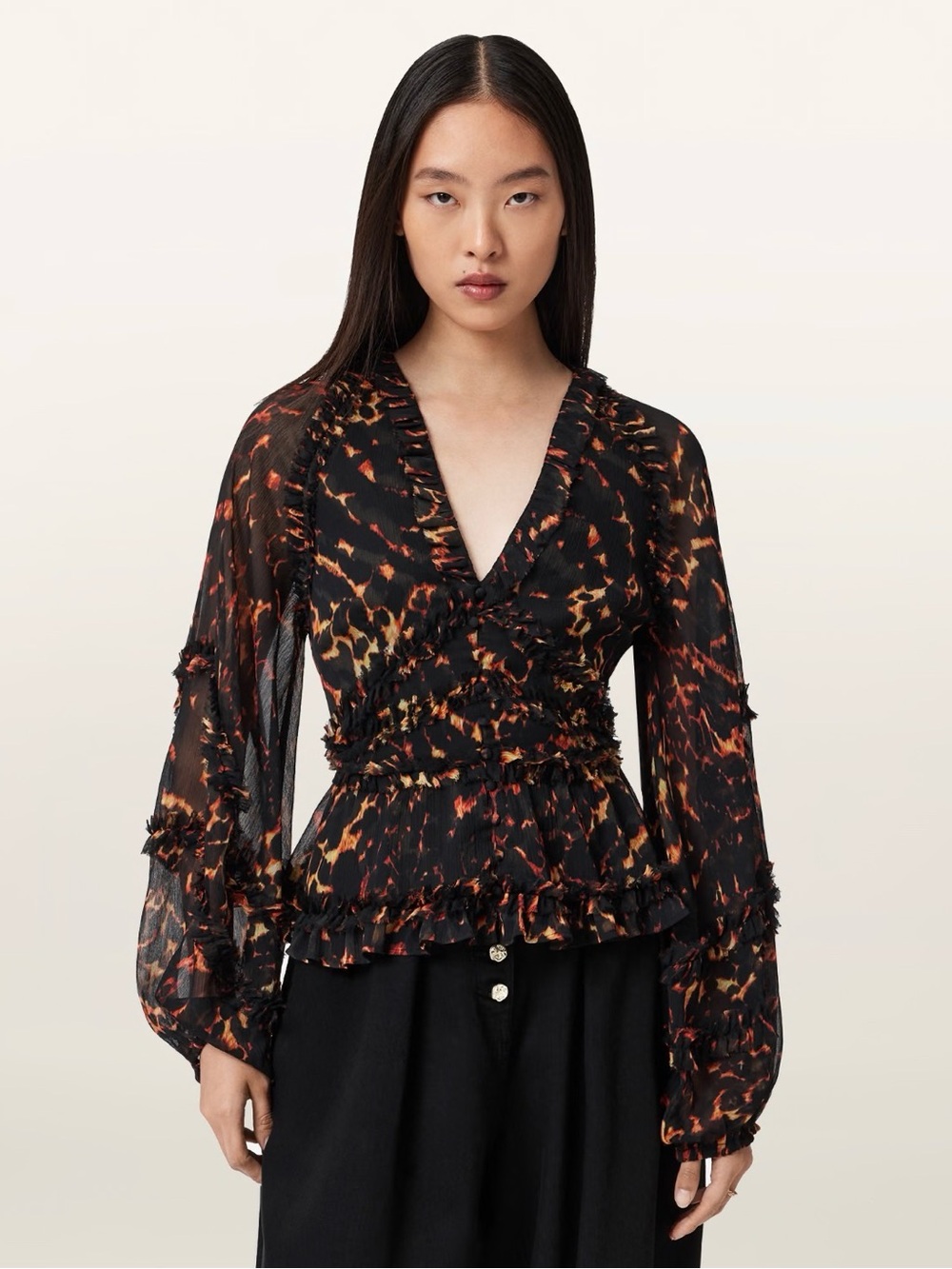 AllSaints Silvie Ruffled Top in "Pardus Flame Brown"
